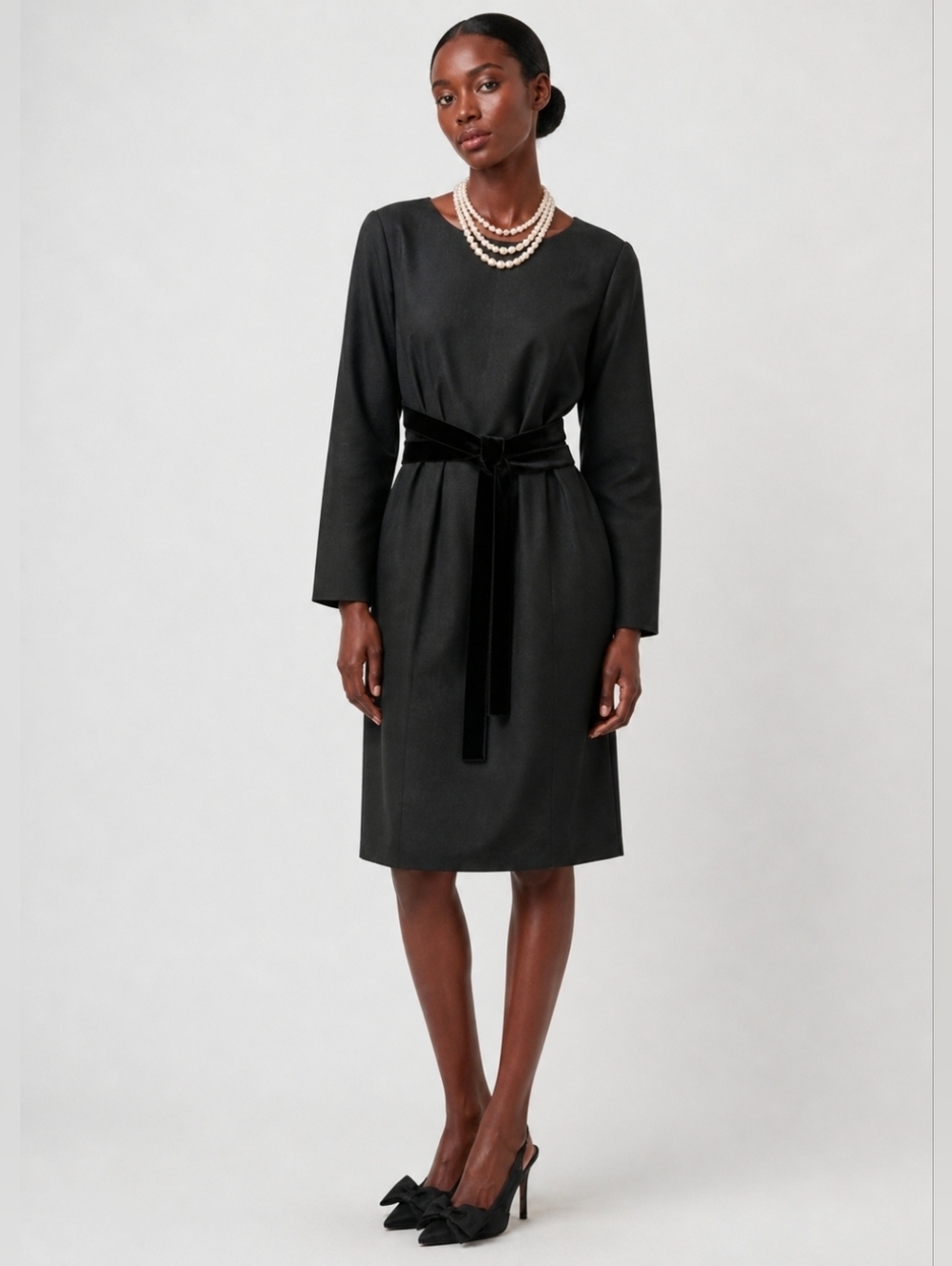 J. Crew Charcoal Gray Long Sleeve Dress with Black Velvet Waistband Sz 18 NEW